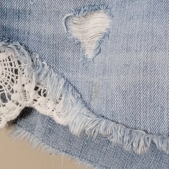 Abercrombie & Fitch Lace Crochet Distressed Cutoff Denim Jean Shorts - Picture 4 of 12